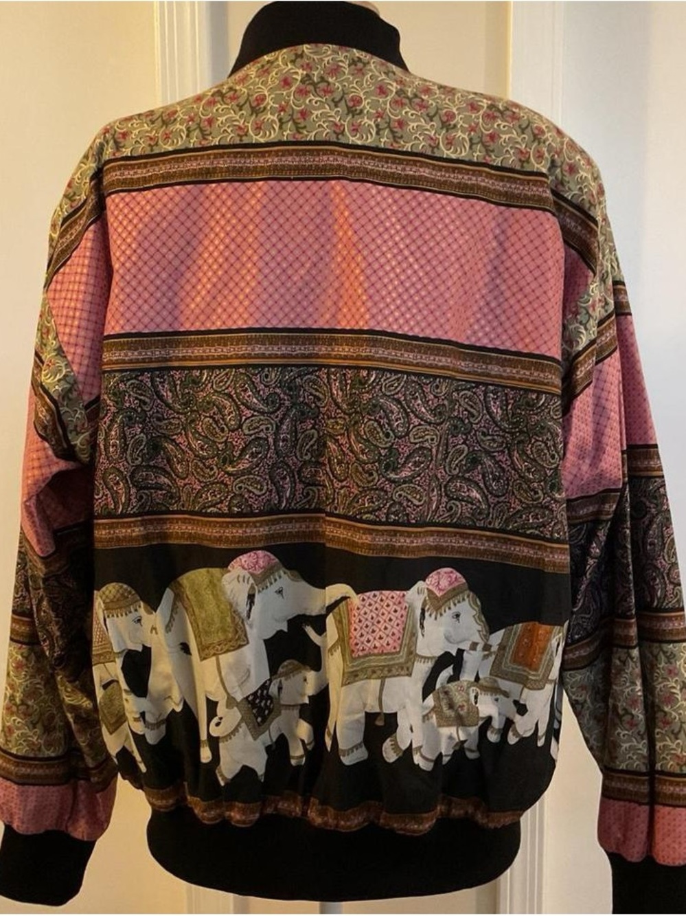 VTG Krist Gudnason Elephant Paisley Bomber Jacket Large Pink Black Boho Hippie - Picture 2 of 2